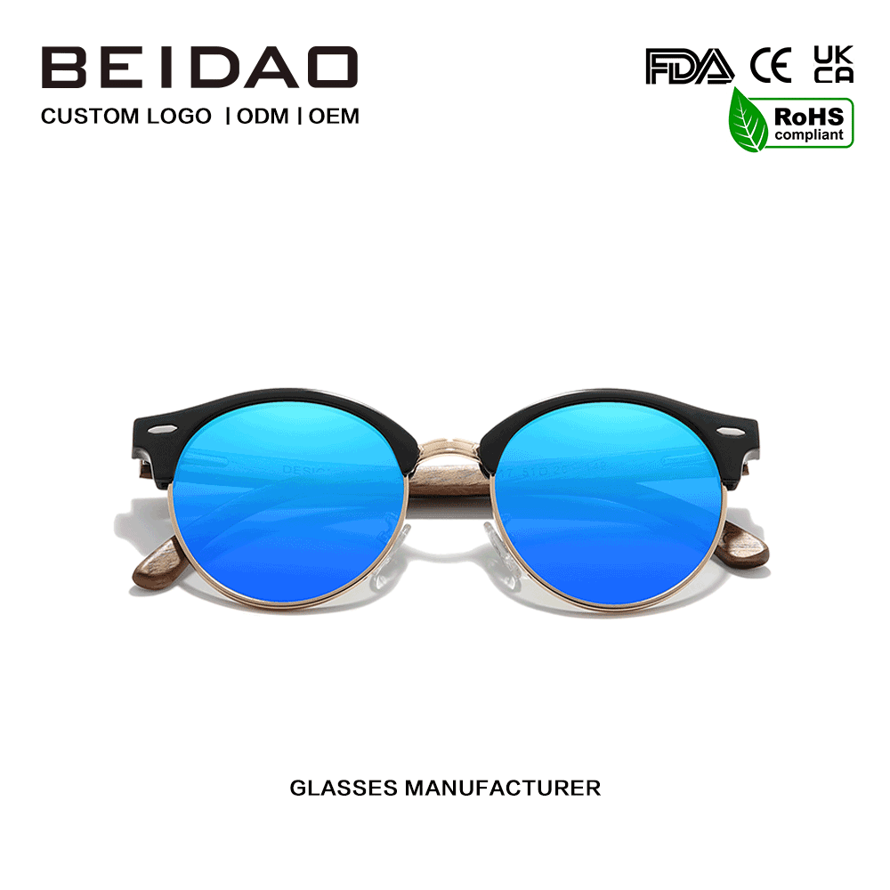 แว่นกันแดดโพลาไรซ์สีน้ำเงิน UV400 ไม้วอลนัททรงกลม